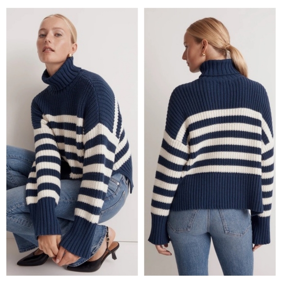 Madewell Sweaters - Madewell Wide Rib Turtleneck Sweater in Classic Indigo Stripe Large